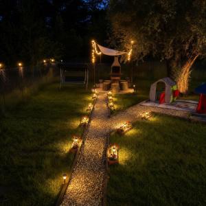a garden with lights on the grass at night at Casa de vacanta La Tataie in Plaiu