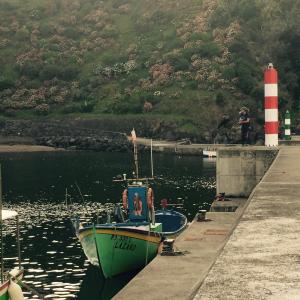 a boat is docked at a dock with a lighthouse at Casa Da Praia in Porto Formoso