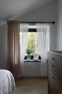 a bedroom with a window with a plant on a window sill at Leśne Chwile in Osiek