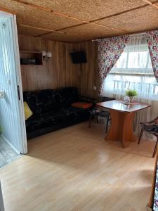 a living room with a couch and a table at Domki ALKANA - domek 3 in Nowęcin