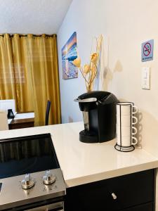 a kitchen counter with a coffee maker on a stove at Casita Velera in Lajas