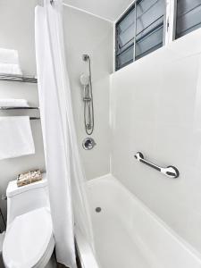 a white bathroom with a toilet and a shower at Casita Velera in Lajas +34 photos