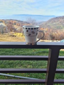 a coffee cup sitting on a window sill with a view at Milmari N2 Erdeg in Kopaonik