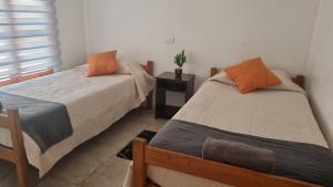 a bedroom with two beds and a table with a plant at Taltal - Cabañas in Taltal