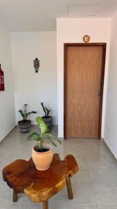a potted plant on a wooden table in front of a door at Pousada Vila Mar Japaratinga in Japaratinga