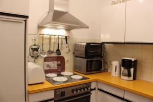 a kitchen with a stove and a microwave at Ferienwohnung "Kaiserblick" in Bad Aussee