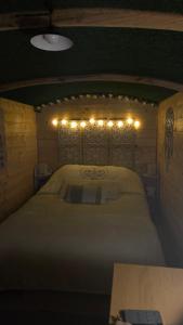 a bedroom with a large bed with lights on it at Un aparté bohême "La Roubane" in Puyravault