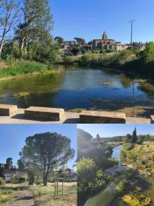 a collage of four pictures of a river at Cozy studio - proche Cité de Carcassonne in Couffoulens +5 photos
