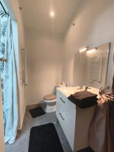 a bathroom with a white sink and a toilet at Cozy studio - proche Cité de Carcassonne in Couffoulens