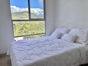 a white bed in a room with a large window at Posada del Quindío 0219 in Armenia +36 photos