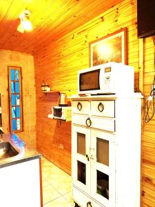 a kitchen with a microwave on top of a stove at Rancho Por Fin in Barreal