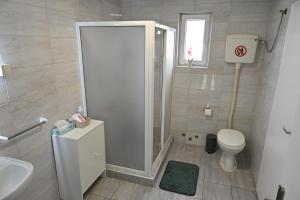 a bathroom with a shower and a toilet and a sink at Modex ROOMS in Paraćin