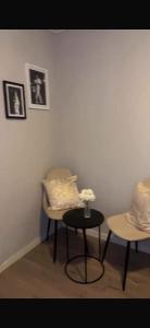 a corner of a room with two chairs and a table at Studio in Fjellhammar