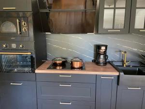 a kitchen with two pots on top of a stove at Cosy Carré in Sélestat