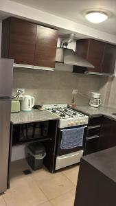 a kitchen with a stove top oven in a kitchen at Ventanas A LA CIUDAD in Mar del Plata
