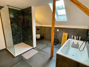 a bathroom with a shower and a sink and a tub at Kaiserblick Lodge Oberaudorf in Oberaudorf +9 photos