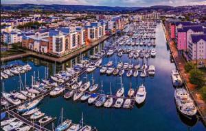 an aerial view of a harbor full of boats at The Snug - Cosy Annexe Hideaway in Portishead