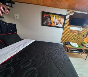 a bedroom with a bed and a picture of a horse on the wall at Lago de Tota GALAMPLAY lodge in Tota +1 photo