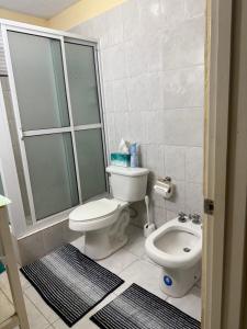 a bathroom with a toilet and a shower at NMG Comforts in Roseau +7 photos