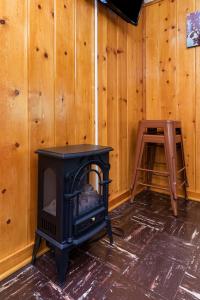 a stove in a room with a wooden wall at Peaceful Cabin in Idyllwild