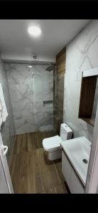 a bathroom with a toilet and a shower and a sink at Villa Nesim in Struga