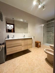 a bathroom with a sink and a toilet and a mirror at Cases Artigues in Os de Civís +79 photos