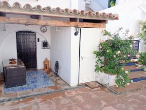 a courtyard with a black door and a plant at Ideal Perros Patio Privado Casa Jaruf in Arcos de la Frontera