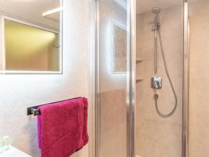 a bathroom with a shower with a red towel at Hintermühltalhof in Itter +31 photos
