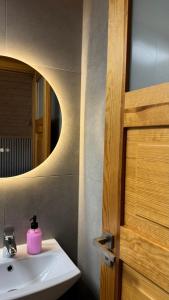 a bathroom with a sink and a mirror at Monic Apart Zefir in Mechelinki