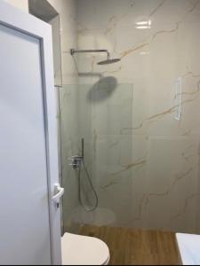 a bathroom with a glass shower with a toilet at Villa Dedi ,Borsh in Vane +33 photos