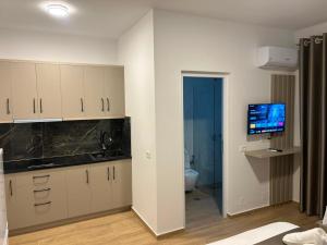 a kitchen with a sink and a toilet and a television at Villa Dedi ,Borsh in Vane