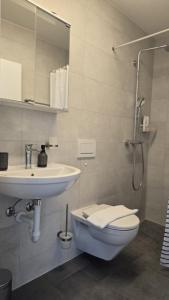 ein Badezimmer mit Toilette, Waschbecken und Dusche in der Unterkunft Relax Corner in Einigen