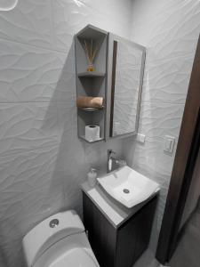 a bathroom with a toilet and a sink and a mirror at Casa Central in Cuenca +32 photos