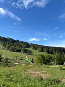 a grassy field with a road in the distance at Studio le balcon pied des pistes in Villard-de-Lans