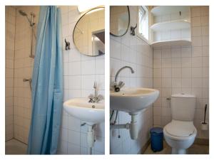 two pictures of a bathroom with a toilet and a sink at Sea Blue in Ellemeet