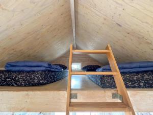 a room with two bunk beds and a ladder at Surfers Cabin in Ellemeet +23 photos
