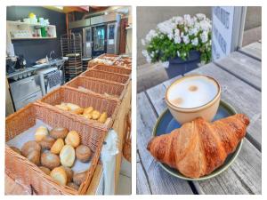 two pictures of a table with bread and a cup of coffee at Sea Blue in Ellemeet