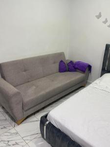 a couch in a living room with purple pillows at Paradis house in Oran