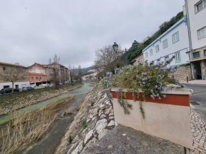 a stone wall with flowers on the side of a street at Discoveries House Alenquer in Alenquer