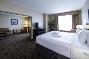 a hotel room with a large white bed and a television at Radisson Hotel Edmonton Airport in Leduc