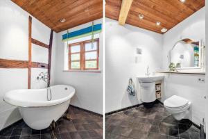 two pictures of a bathroom with a tub and a toilet at FA030-Faxe-Bogebakken-6 in Faxe
