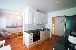 a kitchen with white cabinets and a black counter top at Aurora Nest in Rovaniemi