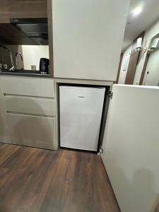 a kitchen with white cabinets and a refrigerator at Apartment Beach in Itʼkhvisi +14 photos