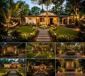 a collage of photos of a house with lights at Ceylora Resort in Sigiriya