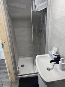 a bathroom with a shower next to a sink at Han's Solo 75 in Athenry