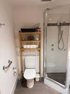 a bathroom with a white toilet and a shower at Seaside Escape Rockingham in Rockingham