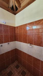 a bathroom with a shower with brown and white tiles at Cabaña Oasis Ixmiquilpan in Ixmiquilpan +13 photos