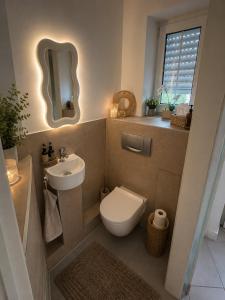 a small bathroom with a toilet and a sink at Haus David in Erfurt +37 photos