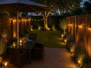 a patio with an umbrella and a table with lights at Haus David in Erfurt