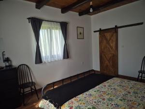 a bedroom with a bed and a window and a door at Bajta 163 in Topusko